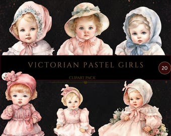 20 Victorian Vintage Clipart, Pastel Baby Girl PNG, Pastel Watercolor Bundle, Scrapbook Junk Journal, 300 DPI, Commercial Use, Card Making