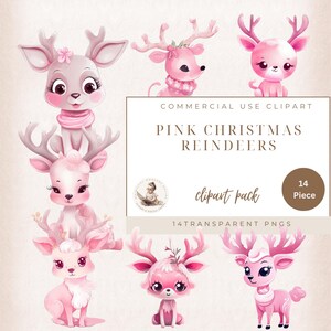Cute Christmas Reindeer Clipart, Digital Downloads, Commercial Use, Watercolor Clipart, Christmas Clipart, Pink Christmas, Commercial Use