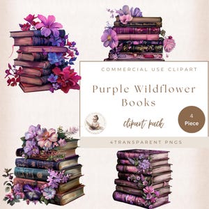 Paarse bloemen boeken clipart, boeken clipart, een nieuw hoofdstuk, bloem clipart, lezing clipart commercieel gebruik, junk Journal, Digital Crafting