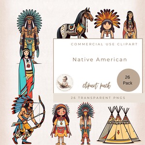 May include: A collection of Native American-themed clipart. The illustrations include figures in traditional attire, a horse, and teepees. The text on the image reads "Native American clipart pack" and "26 transparent PNGs."