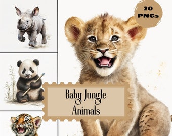 Baby Jungle Animal Realistic Clipart - Commercial Use Watercolour Transparent PNG Pack of 20