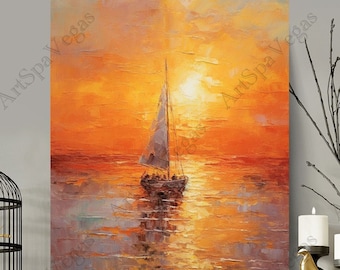 夕焼けの帆船の絵画 大型帆船アート 夕焼けの帆船の油絵 額入り帆船
