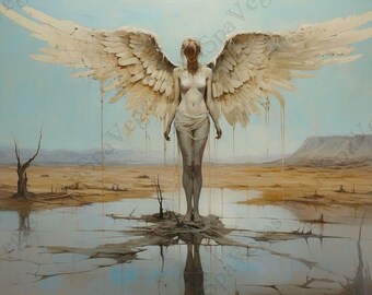 May include: A painting of a woman with large white wings standing in a body of water. The water is a light blue color and the sky is a light blue color. The woman is wearing a white dress and has long brown hair. The wings are dripping water.