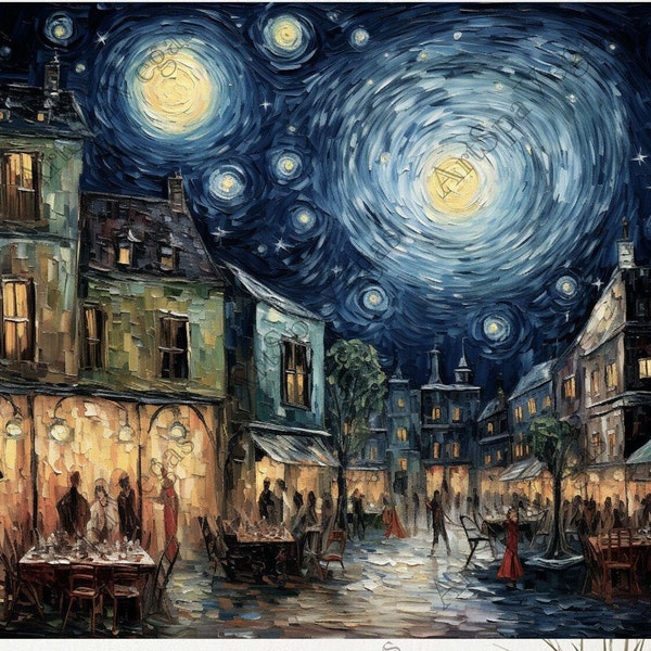 Canvas "Nightcap Nibbles" Gallery Wrap Thick Canvas Art Print, Van Gogh inspired outdoor cafe scene, Starry Night inspired, Nighttime cafe