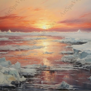 May include: A painting of a sunset over a frozen ocean. The sky is a vibrant orange and pink, and the ice is a light blue and white. The sun is setting in the distance, casting a warm glow over the scene.
