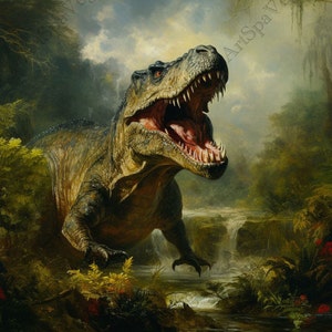 T-Rex Dinosaur Painting Art Print - &quot;King&#39;s Comeback&quot; Gallery Wrap Canvas