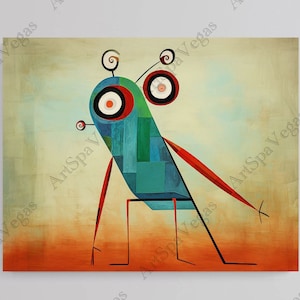 May include: Abstract painting of a blue, green, and red creature with large eyes on a brown background.