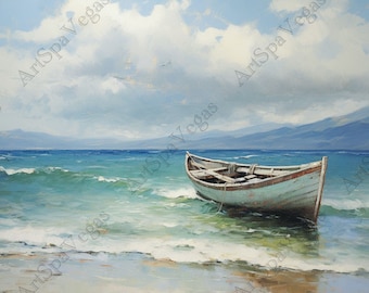 Canvas &quot;Harbored Hopes&quot;  Gallery Wrap Thick Canvas Art Print, Coastal art, Seascape painting print on canvas, painting of canoe on water