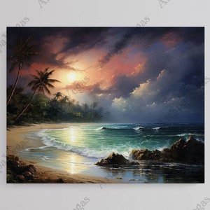 Lienzo "Midnight Mirage" Gallery Wrap Thick Canvas Art Print, Impresión de pintura de playa iluminada por la luna, Arte de paisaje marino, Arte de paisaje