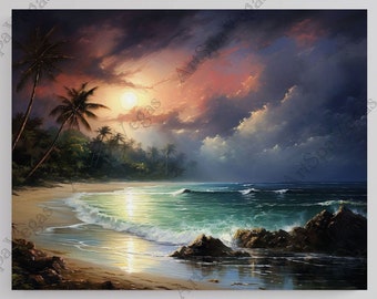 Canvas &quot;Midnight Mirage&quot; Gallery Wrap Thick Canvas Art Print, Moonlit beach painting print, Seascape art, Landscape art