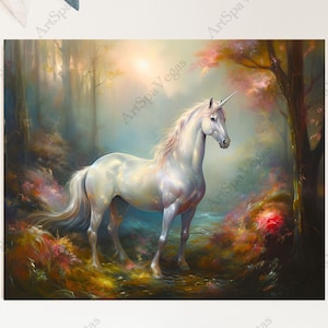 Canvas &quot;Dreamer&#39;s Delight&quot; Horizontal Gallery Wrap Thick Canvas Art Print, Unicorn Art, Fantasy Art, Mythical Art, Magical Unicorn painting