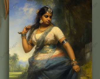 Indian Woman Art Print: "Azure Ambivalence" Gallery Wrap Canvas