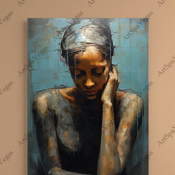 Sorrow - Gallery Wrap Thick Canvas Art Print, Oil Painting print of woman looking sad gazing down, Sad Girl Art, Sad Girl painting,Sad woman
