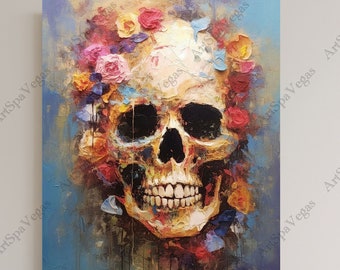May include: A colorful painting of a human skull with flowers covering the top of the skull. The skull is painted in a realistic style with a light blue background.
