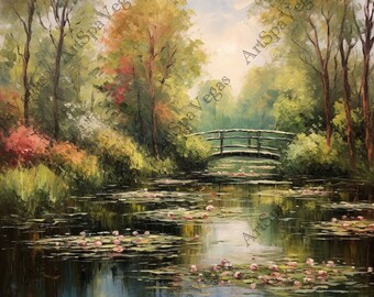 Impresión artística en lienzo del puente del estanque de lirios inspirado en Monet