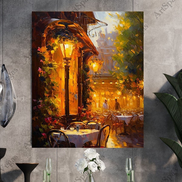 Evening at an Outdoor Cafe Thick Gallery Canvas Wrap Art Print, Outdoor Cafe Oil Painting print, Cafe Art, Dining Art
