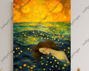 Ocean Dream - Gallery Wrap Thick Canvas Art Print, Painting of a woman dreaming in an ocean of blue, Seaside art canvas,Beautiful woman art