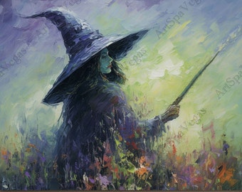"Leinwand ""Wiccan Whimsy"" Horizontal, Leinwand Kunstdruck, Hexe Malerei Druck, Hexe Kunstwerk, Halloween Wanddeko, Halloween."