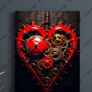 May include: A red heart-shaped gear mechanism with gold gears and a black background.