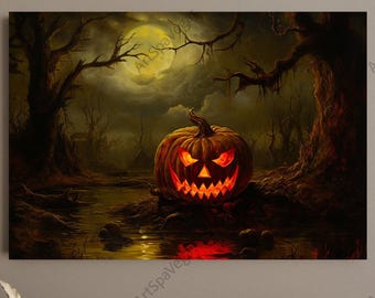 Haunted Pumpkin Canvas Print: Halloween Jack-o'-Lantern Wall Art