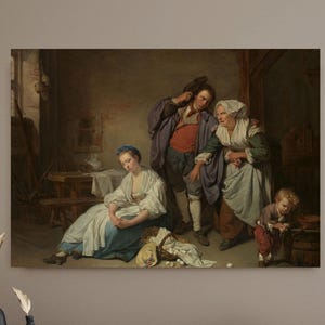 May include: A framed print of a classical painting depicting a domestic scene. A woman sits dejectedly, surrounded by others in period clothing. The artwork is displayed above a dark wood cabinet, with decorative vases and a gold bowl.