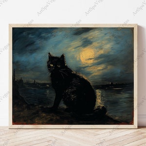 Moonlit Black Cat Poster: Halloween Cat Lover Wall Art