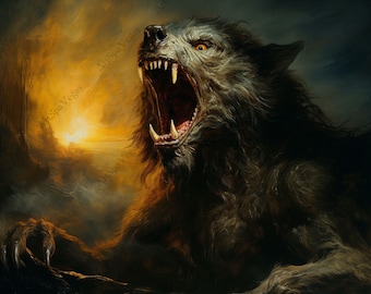 Canvas "Howl at Dusk" Horizontal Gallery Wrap Thick Canvas Art Print, Werewolf painting print, Werewolf artwork, Halloween Decor, Horror Art