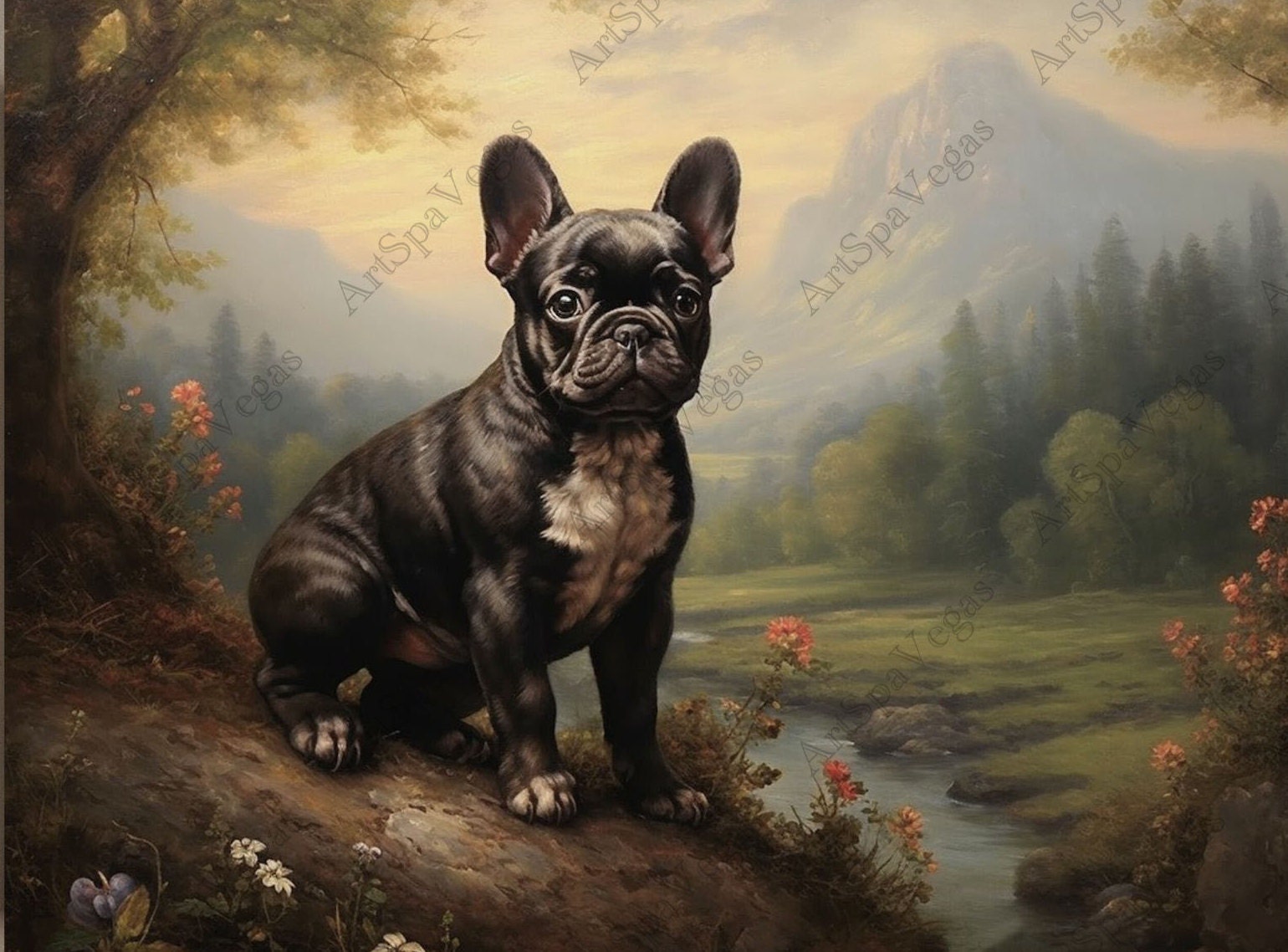 フレンチブルドッグの絵画アートプリント：「Frenchie's Field