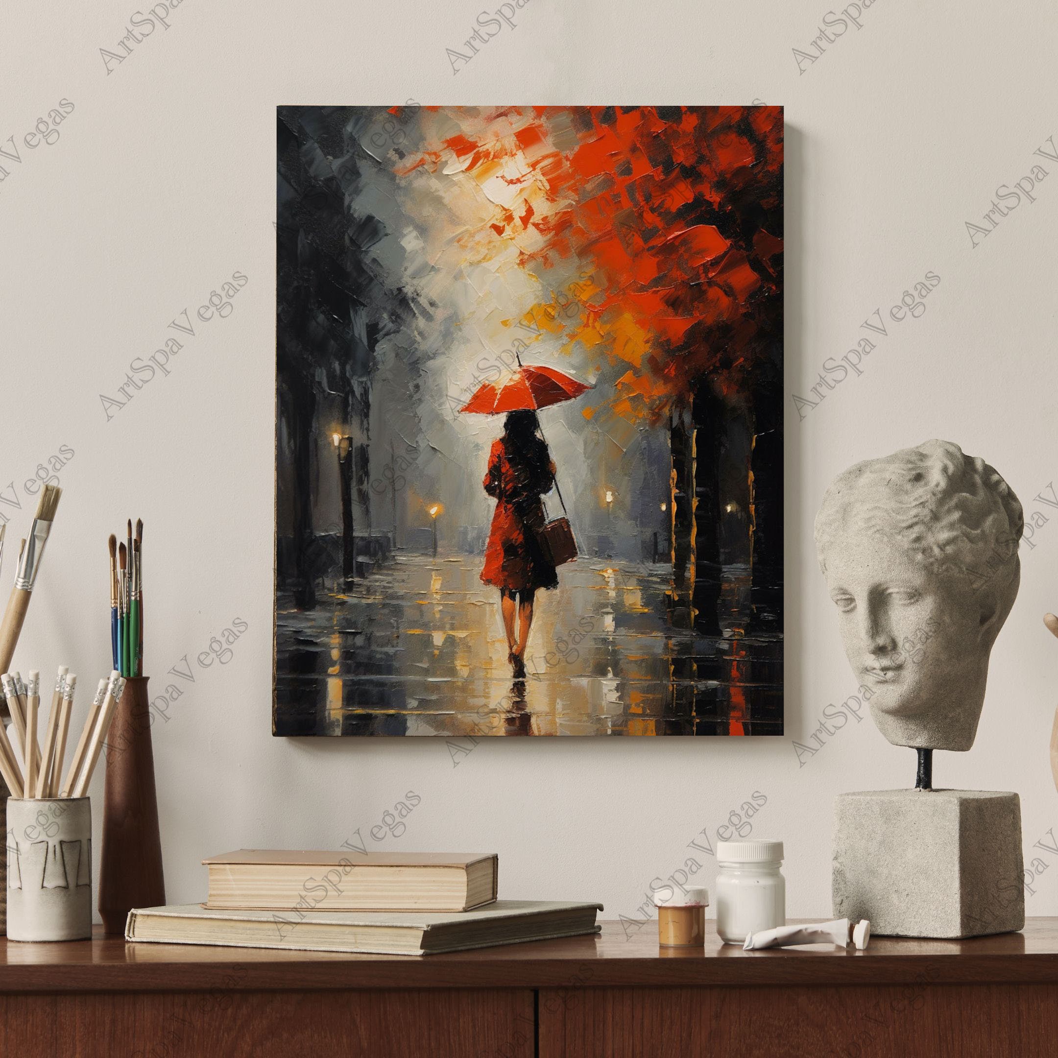 Red Umbrella Gallery Wrap Canvas Art Print - Woman Walking in the Rain ...