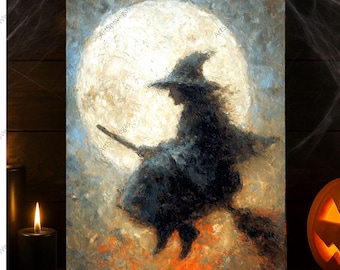 月の魔女のキャンバスプリント：ハロウィーンのホームデコレーション、ギャラリーラップ