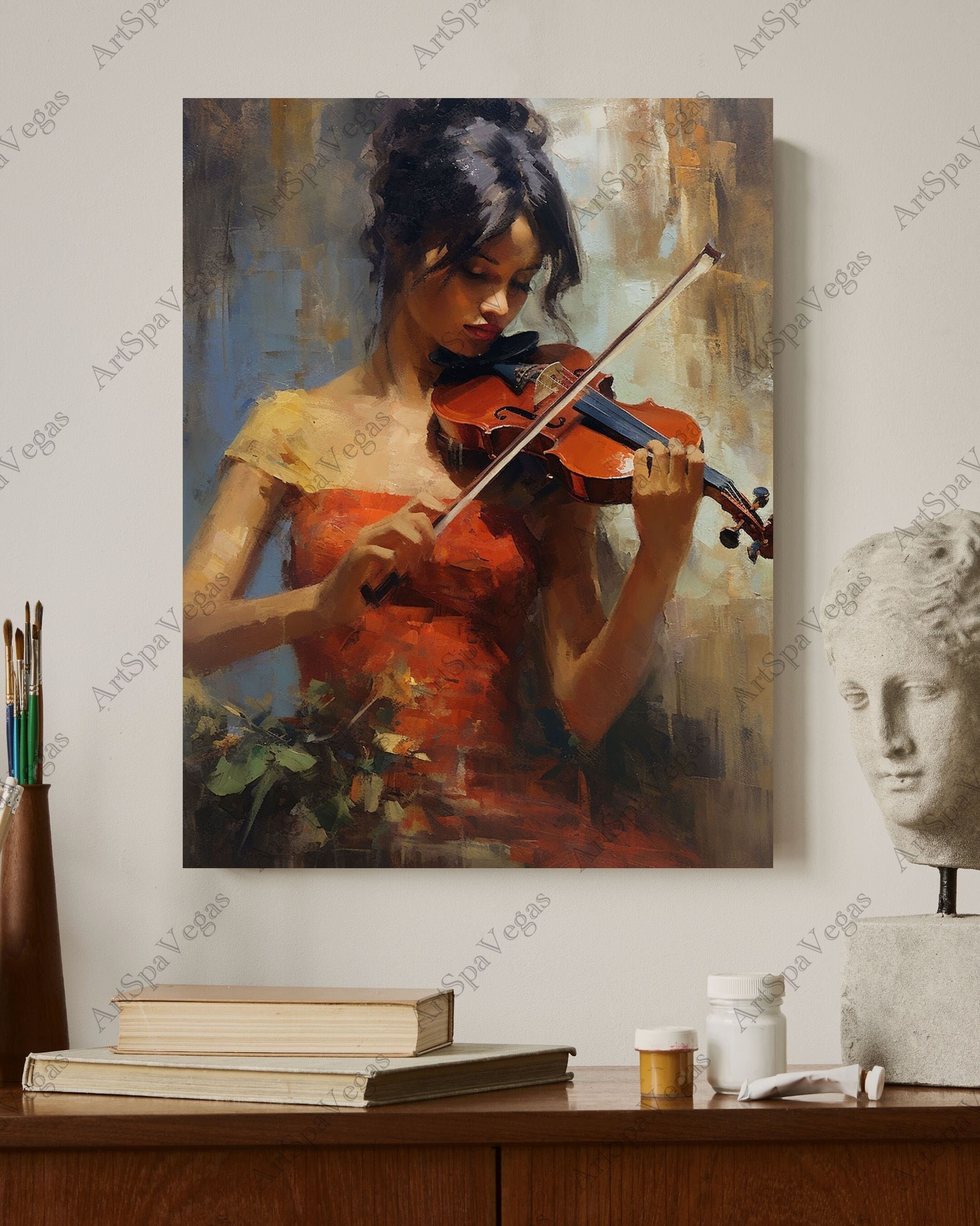 Violin Girl Oil Painting Canvas Original Beautiful Woman Wall Art Texture  Painting Flower Dress Art Gorgeous Painting Unique Gift for Fiance 