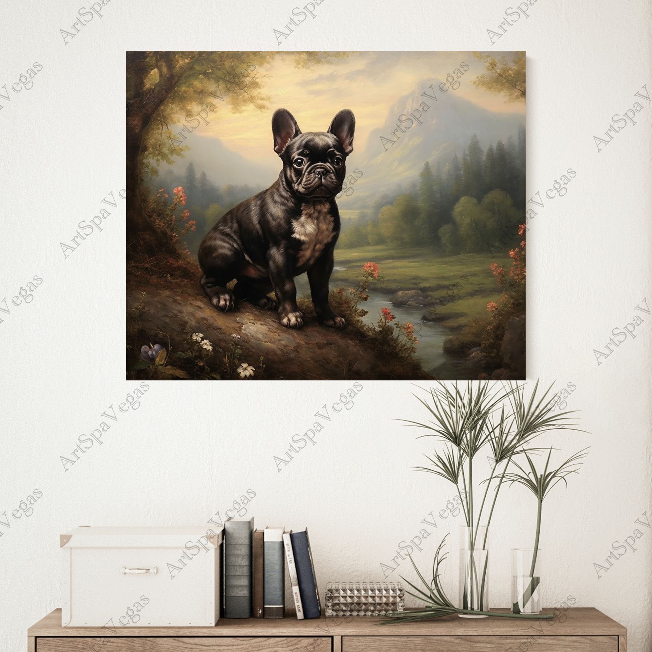 フレンチブルドッグの絵画アートプリント：「Frenchie's Field