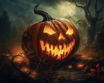 Canvas "Moon Kissed Jack" Horizontal Gallery Wrap Thick Canvas Art Print, Jack-O-Lantern painting print, Jack-O-Lantern Wall Art, Halloween
