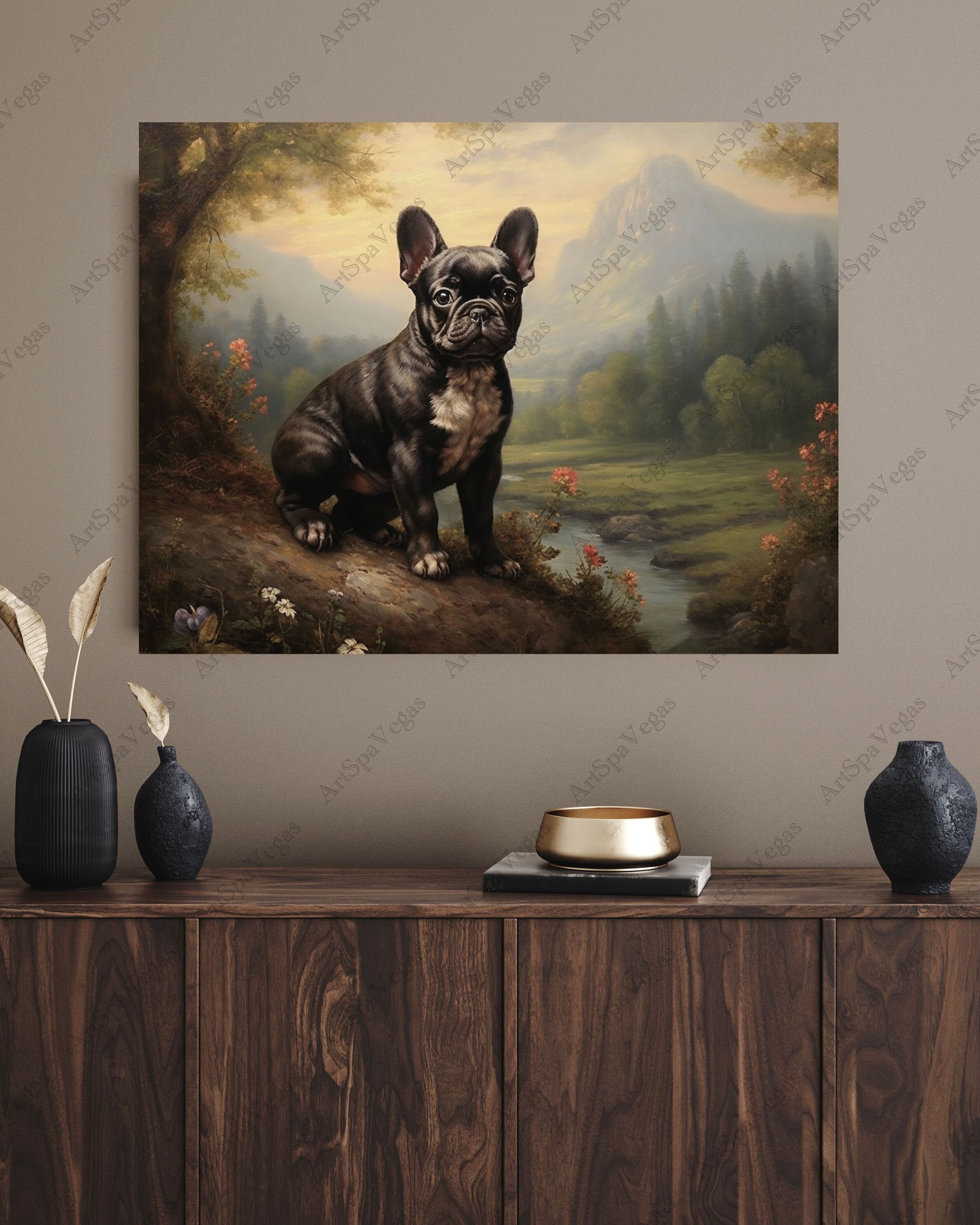 フレンチブルドッグの絵画アートプリント：「Frenchie's Field