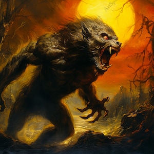 Canvas &quot;Werewolf In Twilight&quot; Gallery Wrap Thick Canvas Art Print Draft, Werewolf painting print, Werewolf artwork, Halloween Wall Decor