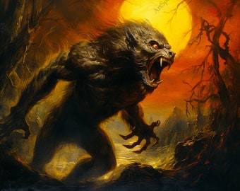 Canvas "Werewolf In Twilight" Gallery Wrap Thick Canvas Art Print Draft, Werewolf painting print, Werewolf artwork, Halloween Wall Decor