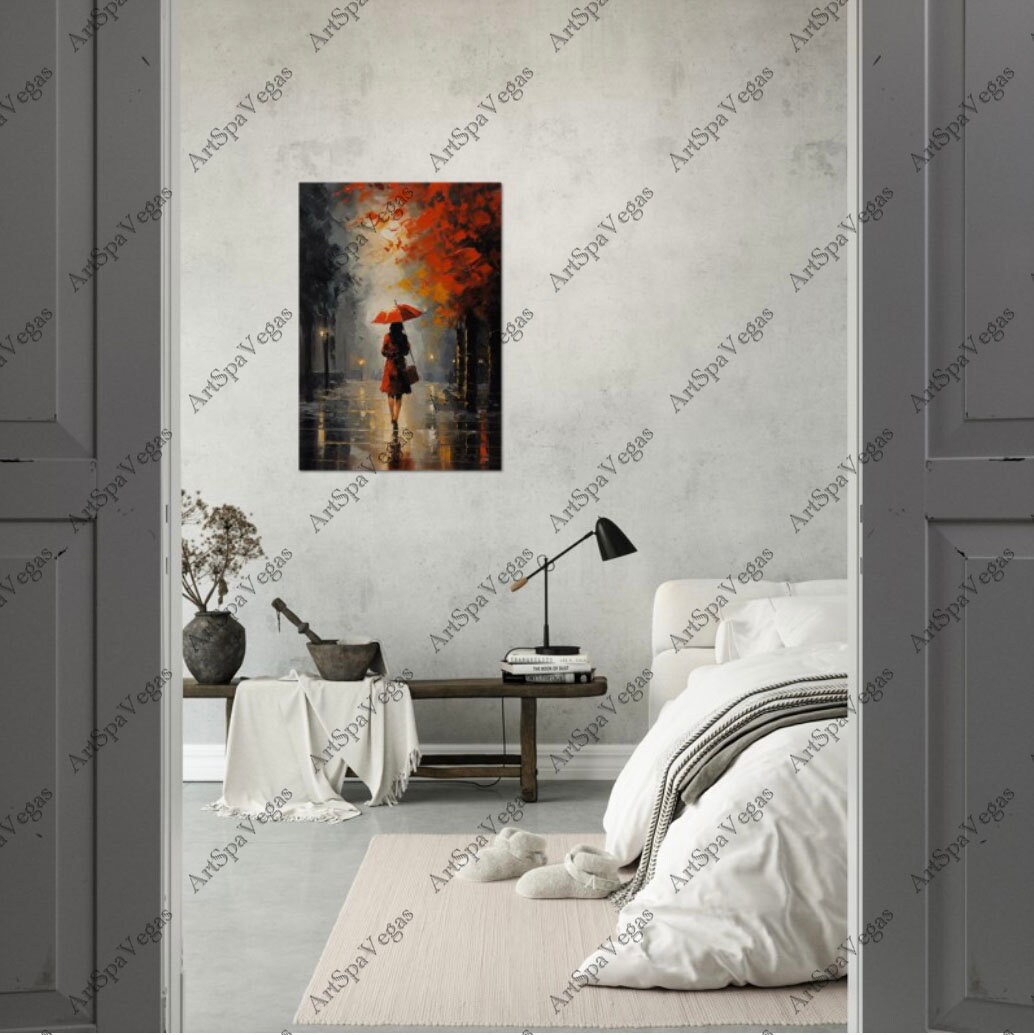 Red Umbrella Gallery Wrap Canvas Art Print - Woman Walking in the Rain ...