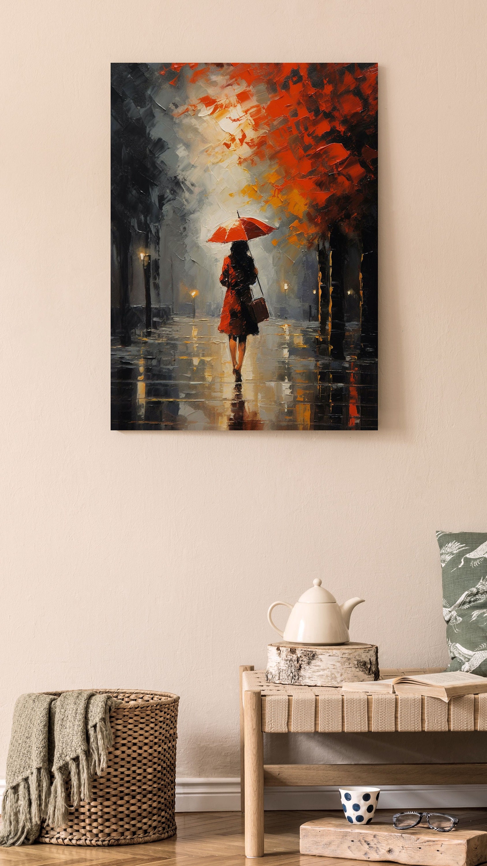 Red Umbrella Gallery Wrap Canvas Art Print - Woman Walking in the Rain ...