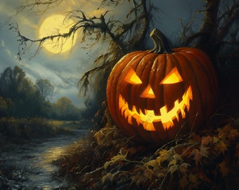 Canvas "Luminous Mischief" Horizontal Gallery Wrap Thick Canvas Art Print, Jack-o'-Lantern, painting print, Jack-o'-Lantern artwork