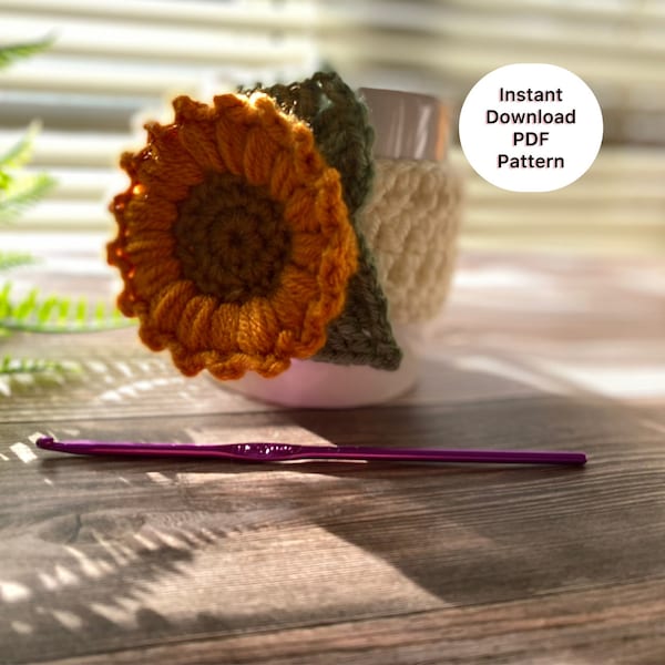 Modello accogliente per tazza con girasole all'uncinetto - Download PDF istantaneo per mattine accoglienti!