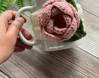 Crochet Blooming Rose (Pink) Mug Cozy, Hand- Crocheted Mug Cozy - Cozy Up Your Mornings With A Touch Of Sunshine