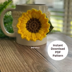 Crochet Sunflower With A Leaf Mug Cozy Instant PDF Download for cozy mornings image 1