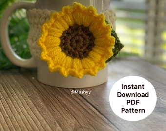 Mug Tournesol avec une feuille au crochet confortable - Téléchargement PDF instantané pour des matins douillets !