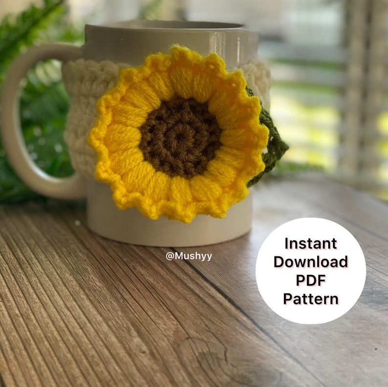 Crochet Sunflower With A Leaf Mug Cozy Instant PDF Download for cozy mornings image 1