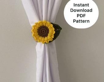 Tournesol au crochet avec support de rideau en feuilles Modèle PDF à téléchargement immédiat : faites entrer le soleil à l'intérieur !