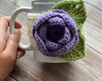 Crochet Blooming Rose (Purple) Mug Cozy, Hand- Crocheted Mug Cozy - Cozy Up Your Mornings With A Touch Of Sunshine
