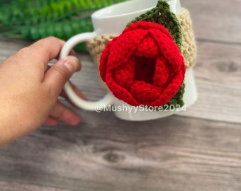 Crochet Blooming Rose (Red) Mug Cozy, Hand- Crocheted Mug Cozy - Cozy Up Your Mornings With A Touch Of Sunshine