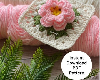 Crochet Rose Blossom Granny Square Instant Download PDF Pattern