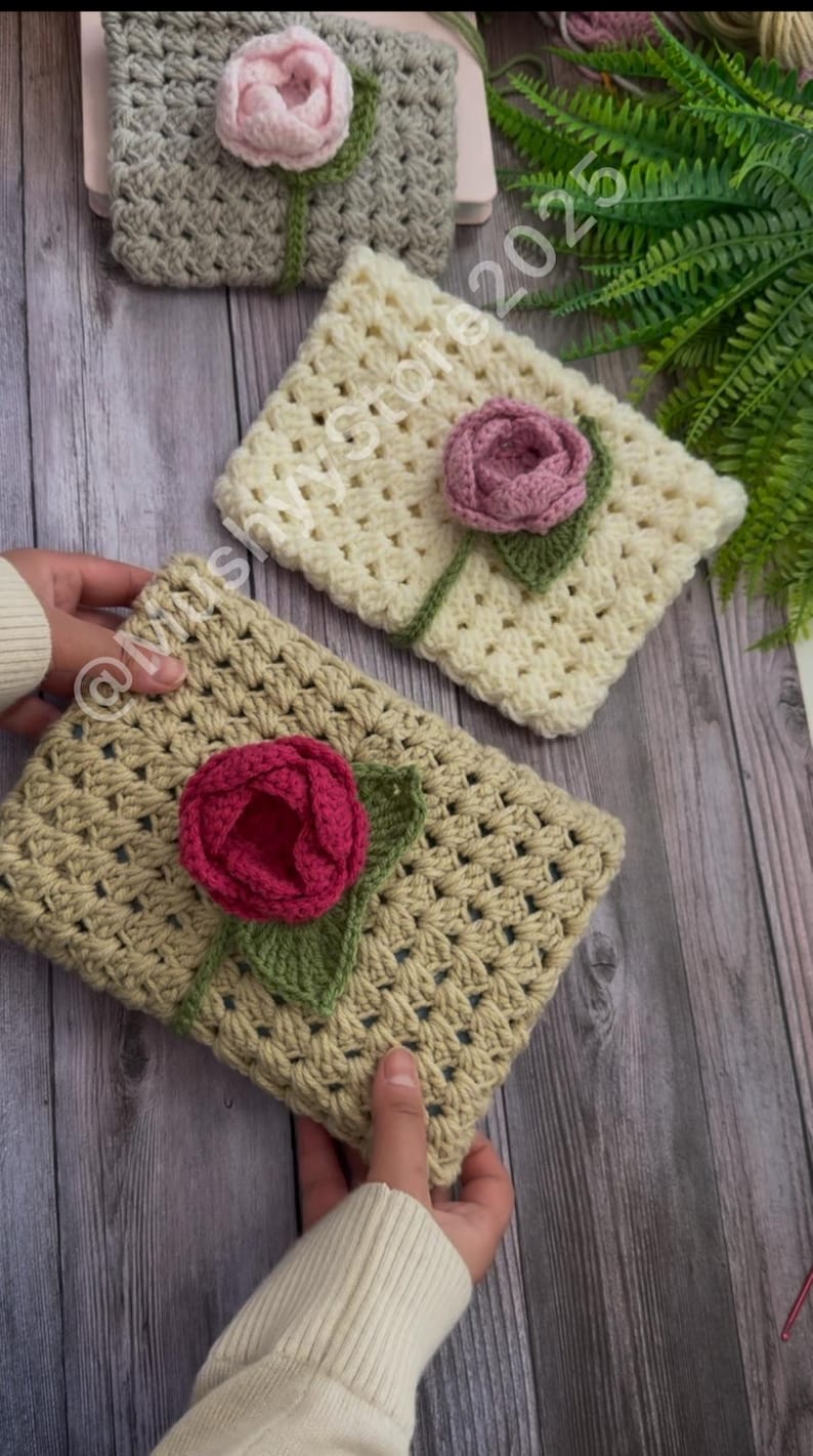 Crochet Rose Blossom Book Cover Pattern: Floral Tablet Kindle Sleeve (PDF Pattern) image 3