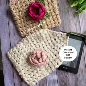 Crochet Rose Blossom Book Cover Pattern: Floral Tablet Kindle Sleeve (PDF Pattern) image 2